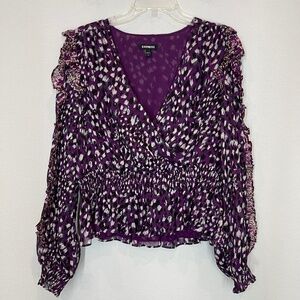 Express Top Women's M Purple Black V Neck Sheer Long Sleeve Lined Ruffle Blouse
